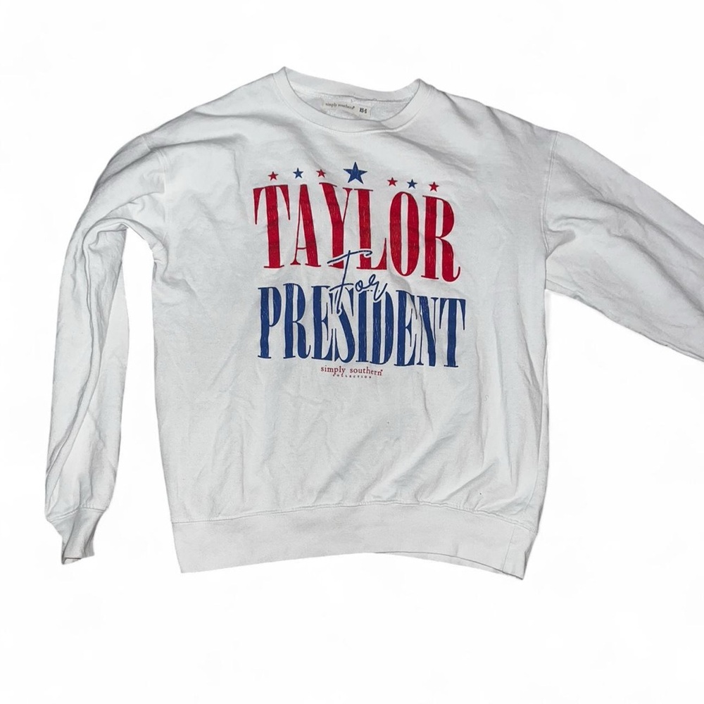 Simply Southern White Crewneck Sweater with Red and Blue Print